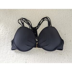 Victorias Secret Black Bikini Top‎ Size 34D Crochet Racerback Padded Underwired
